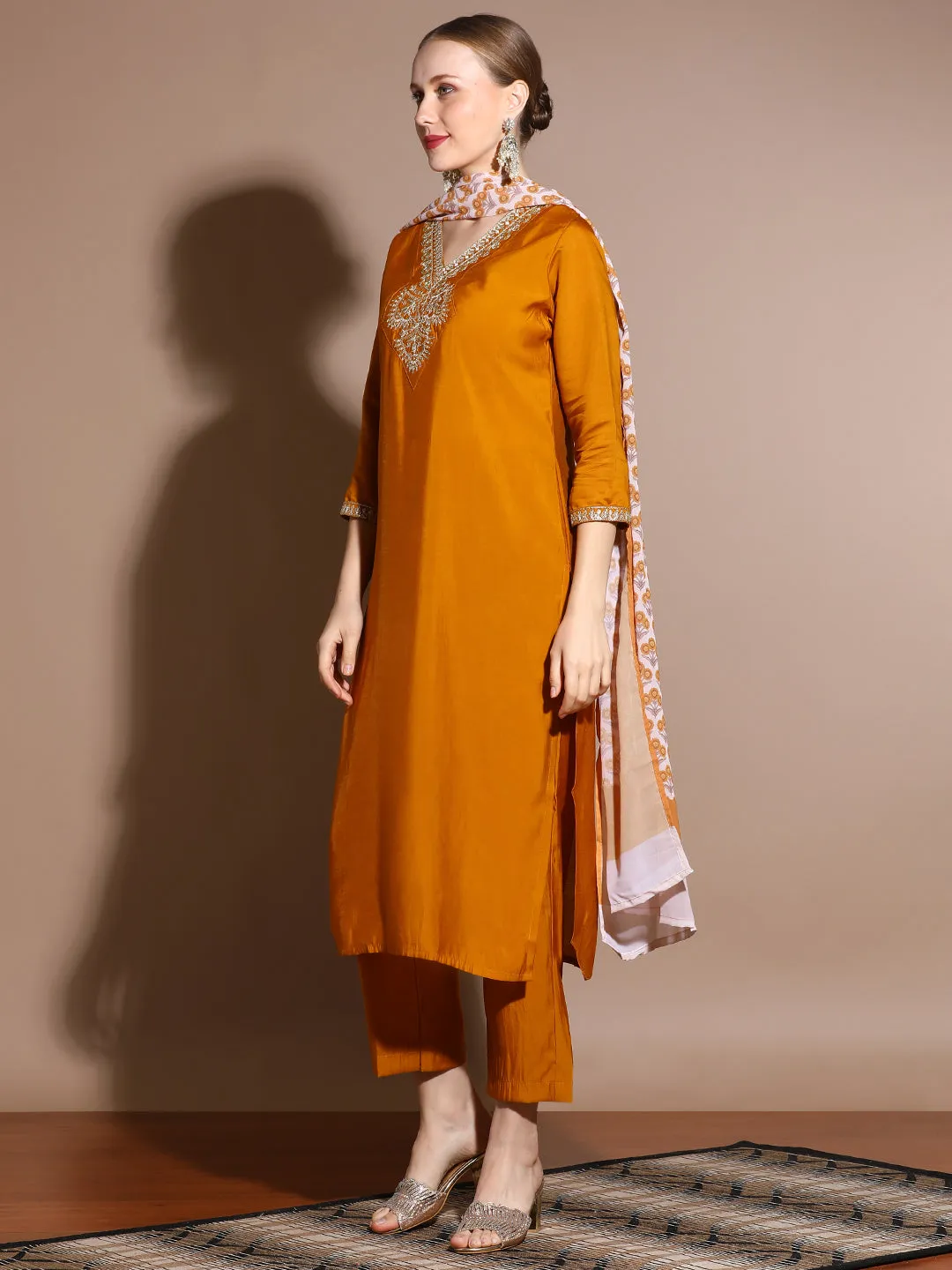 Mustard Festive Embroidered Silk Blend Kurta Set With Printed Dupatta