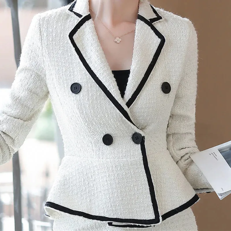 Naviu High-End Formal Suit Women New Fashion Slim Business Long Sleeve Woollen Blazer and Skirt