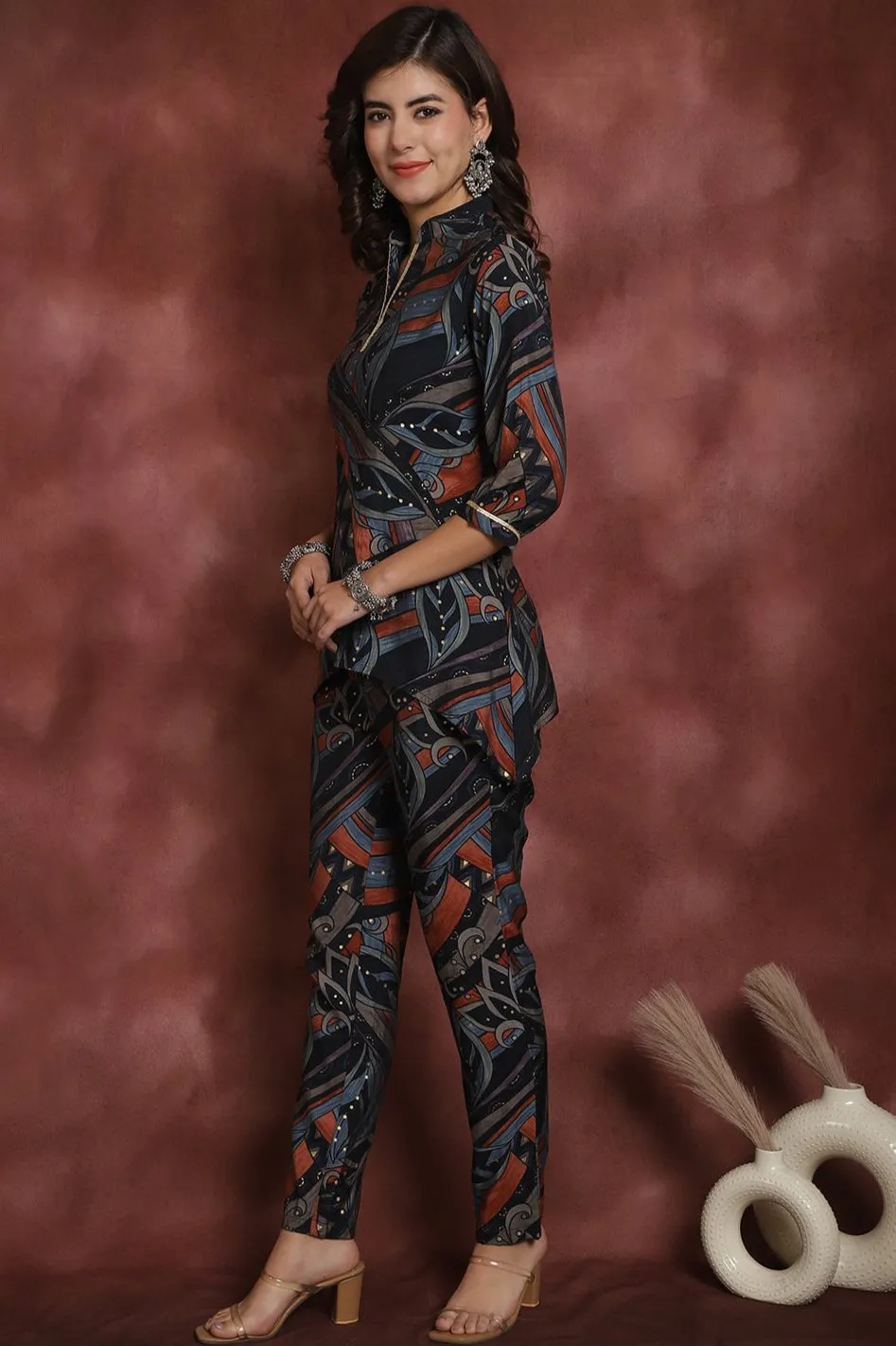 Navy Abstract Printed Chanderi Silk Co-Ord Set for Women | S-XXL | Claura