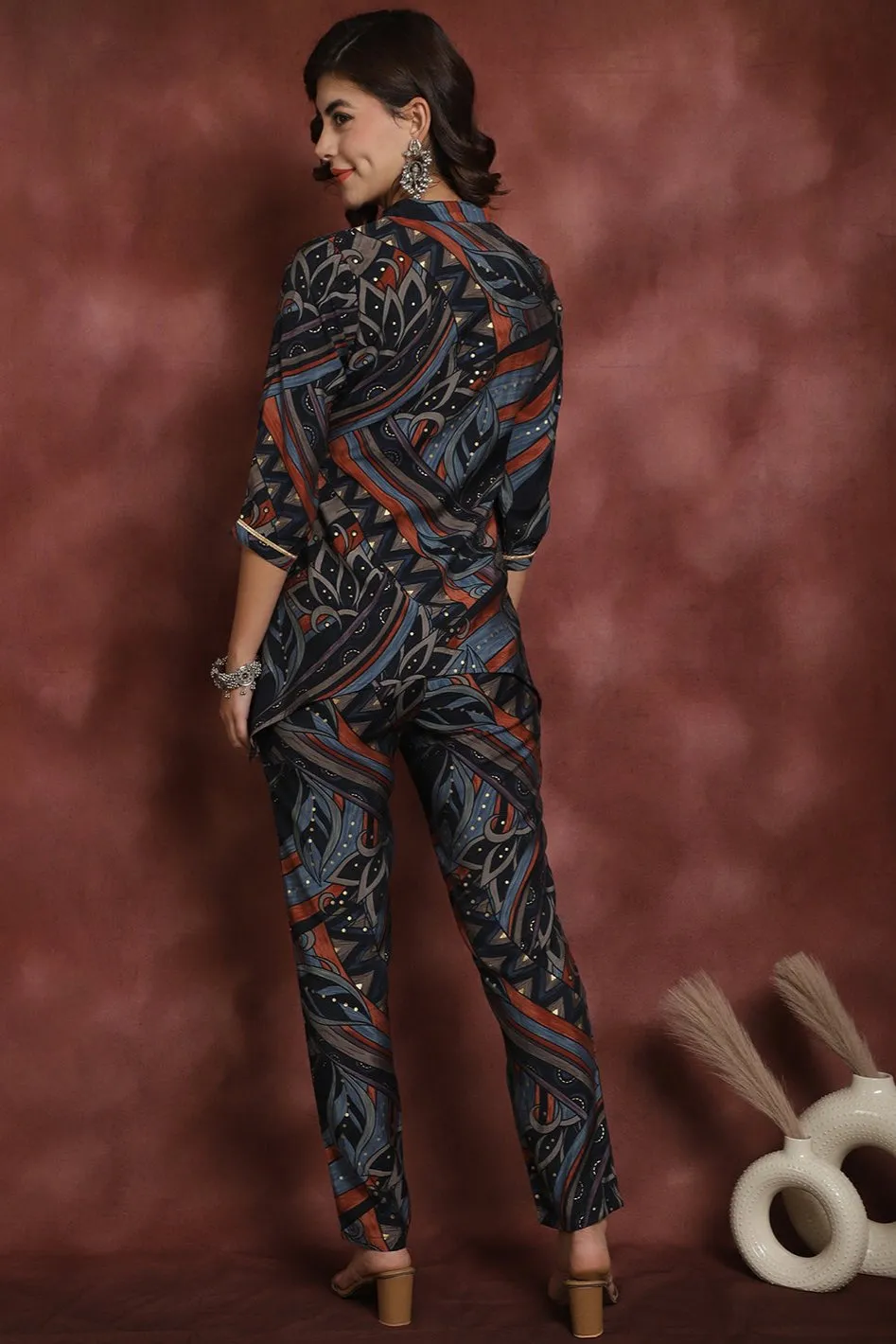 Navy Abstract Printed Chanderi Silk Co-Ord Set for Women | S-XXL | Claura