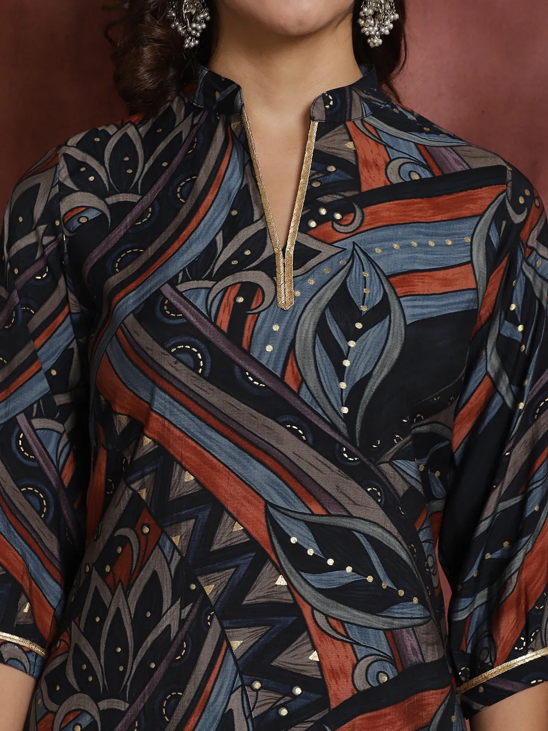 Navy Abstract Printed Chanderi Silk Co-Ord Set for Women | S-XXL | Claura