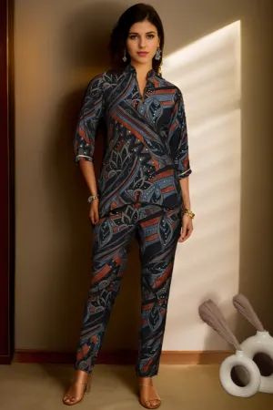 Navy Abstract Printed Chanderi Silk Co-Ord Set for Women | S-XXL | Claura