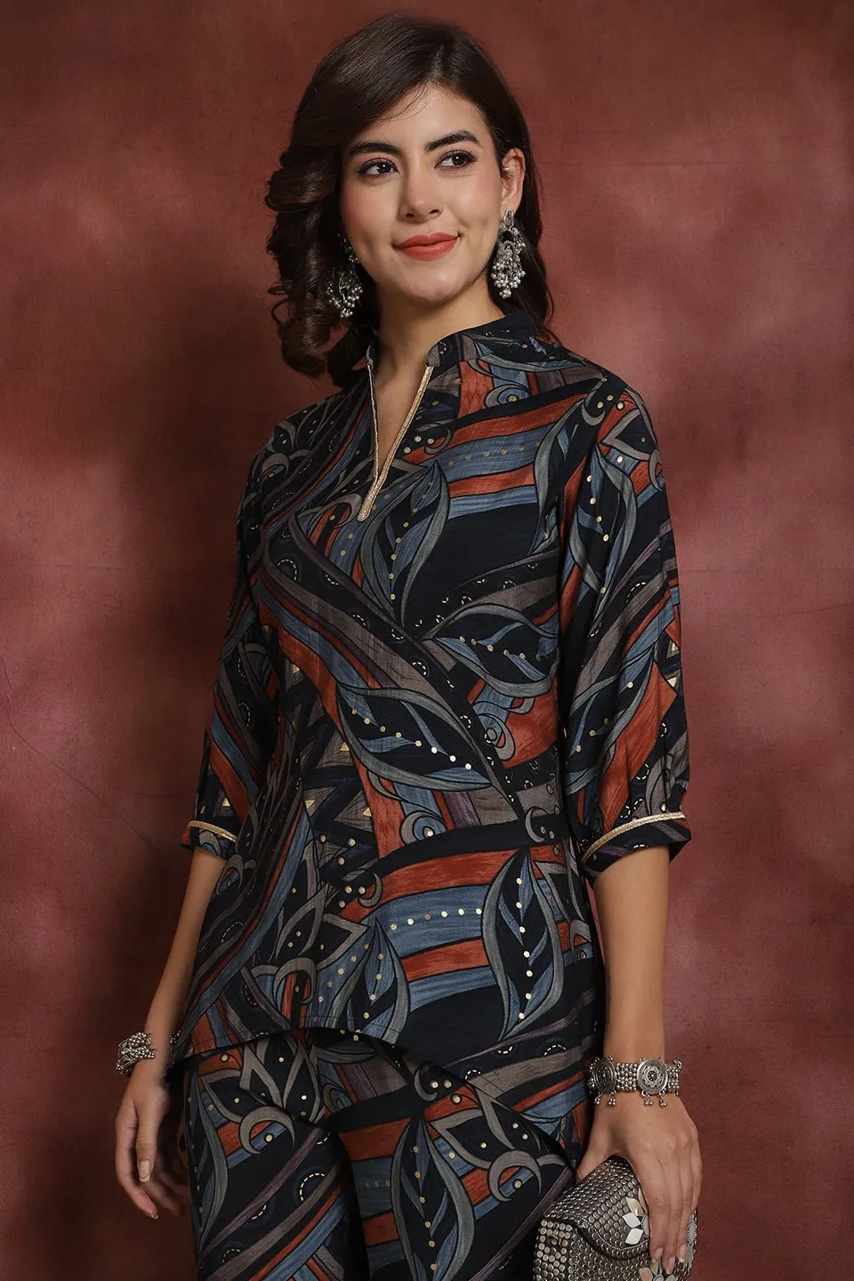 Navy Abstract Printed Chanderi Silk Co-Ord Set for Women | S-XXL | Claura