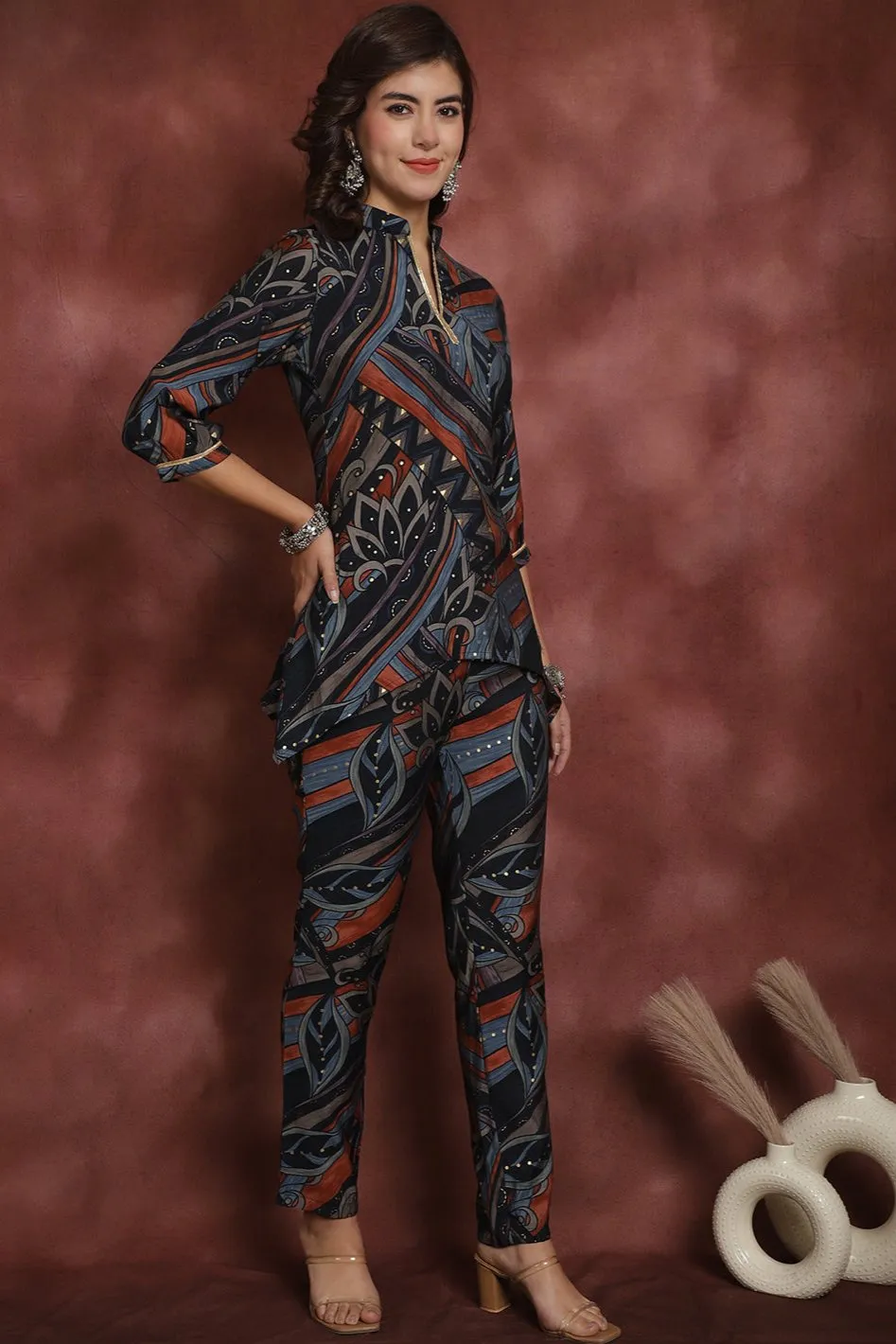 Navy Abstract Printed Chanderi Silk Co-Ord Set for Women | S-XXL | Claura