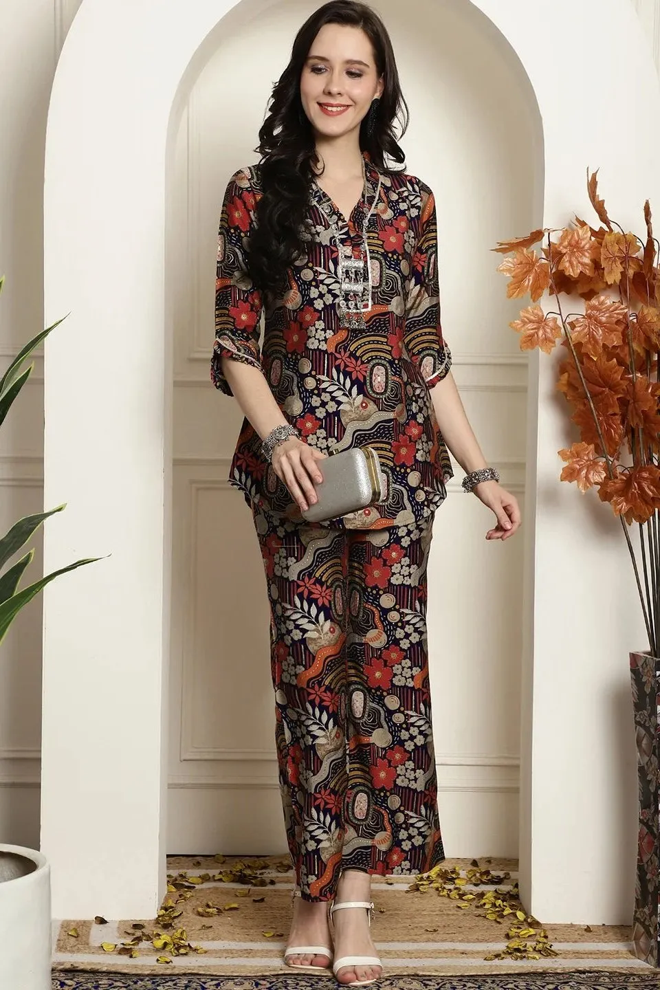 Navy Blue Abstract Printed Chanderi Silk Tunic with Palazzos Co-Ord Set for Women | S-XXL | Claura