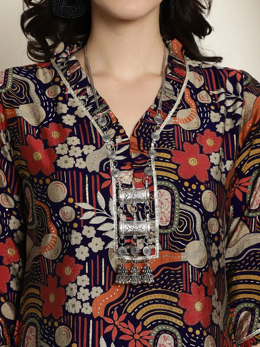 Navy Blue Abstract Printed Chanderi Silk Tunic with Palazzos Co-Ord Set for Women | S-XXL | Claura