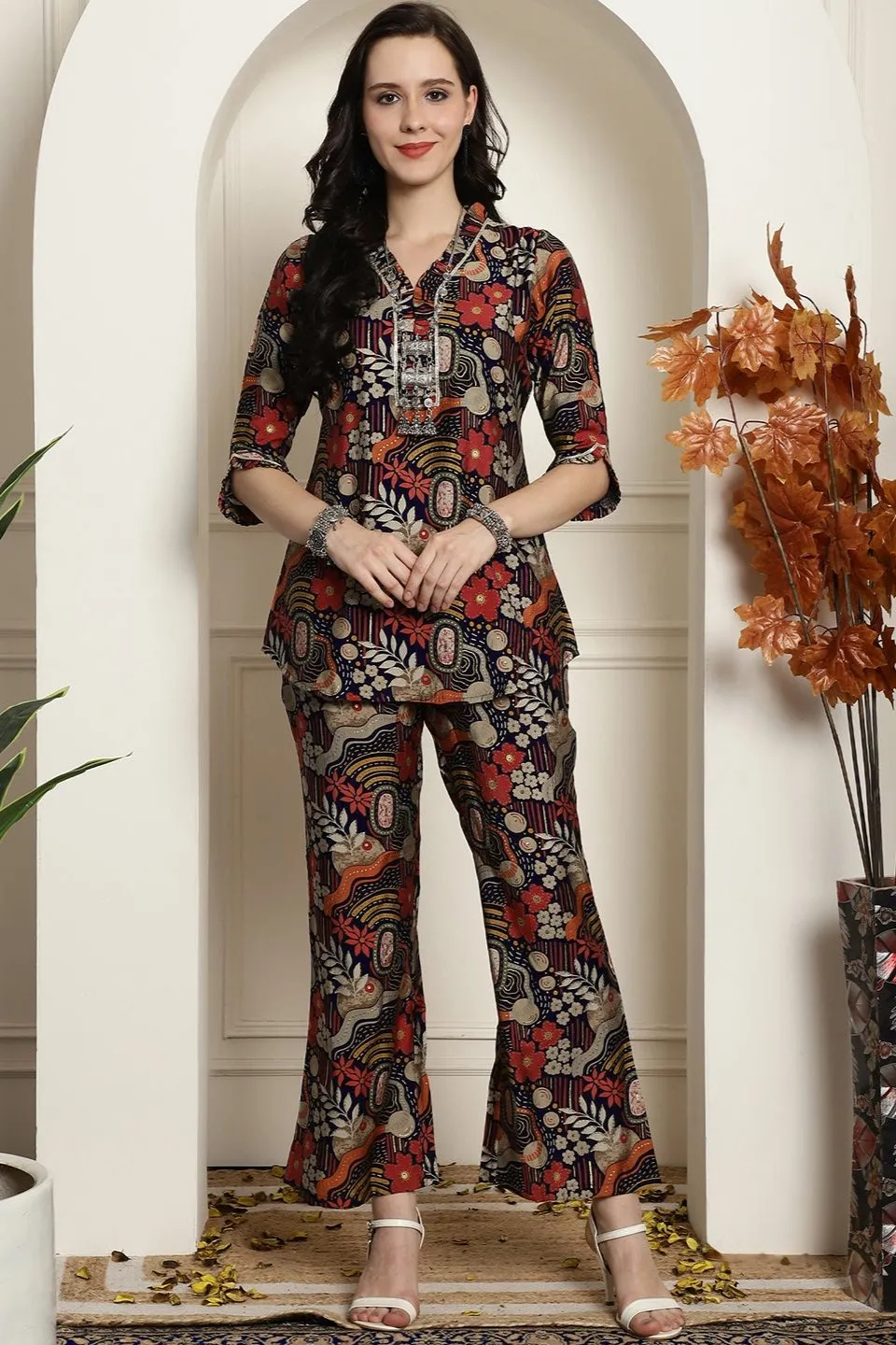 Navy Blue Abstract Printed Chanderi Silk Tunic with Palazzos Co-Ord Set for Women | S-XXL | Claura