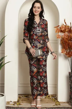 Navy Blue Abstract Printed Chanderi Silk Tunic with Palazzos Co-Ord Set for Women | S-XXL | Claura