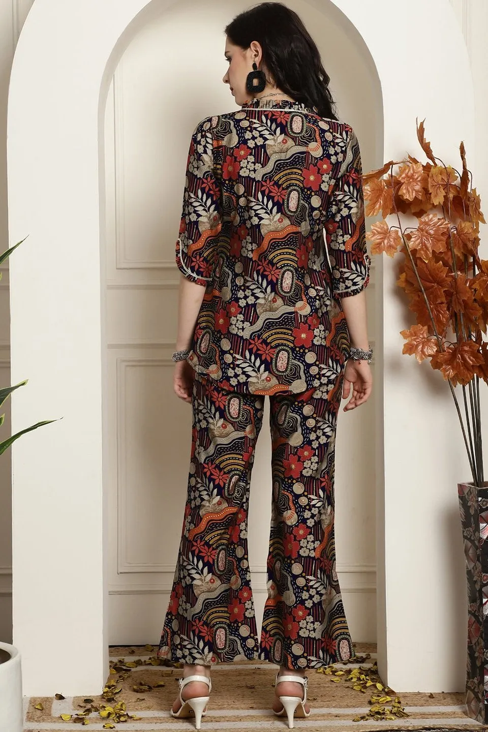 Navy Blue Abstract Printed Chanderi Silk Tunic with Palazzos Co-Ord Set for Women | S-XXL | Claura