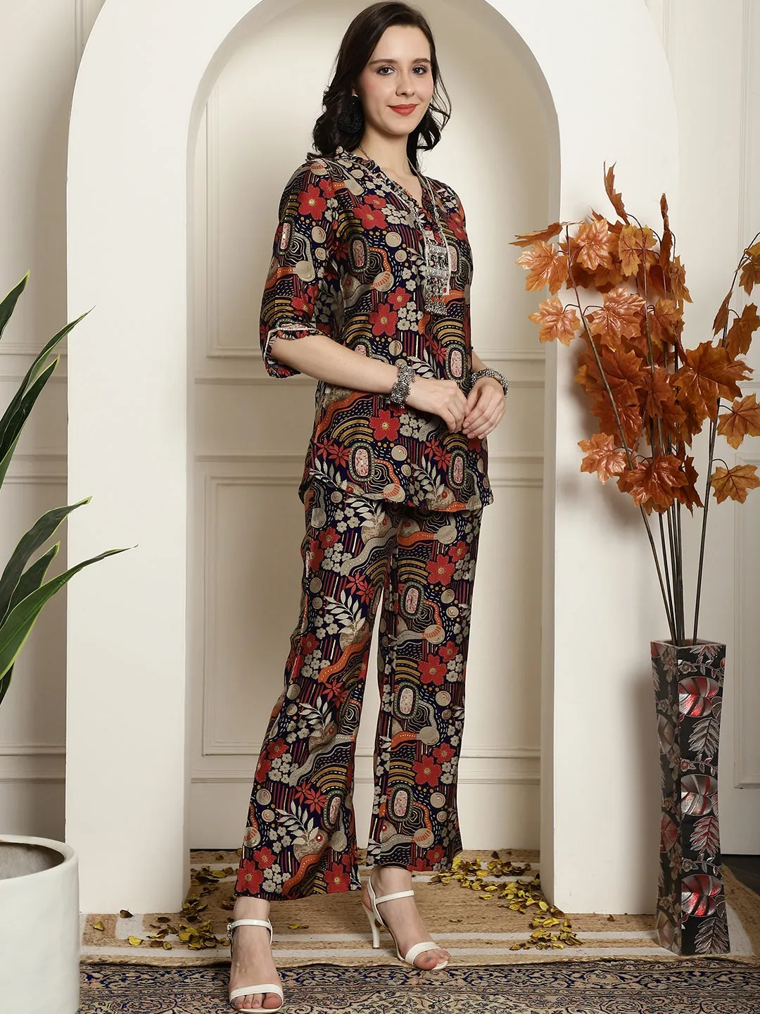 Navy Blue Abstract Printed Chanderi Silk Tunic with Palazzos Co-Ord Set for Women | S-XXL | Claura