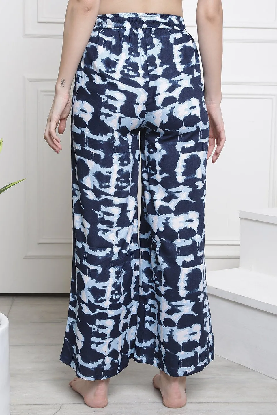 Navy Blue Flared  Printed Viscose Rayon Lounge Pants