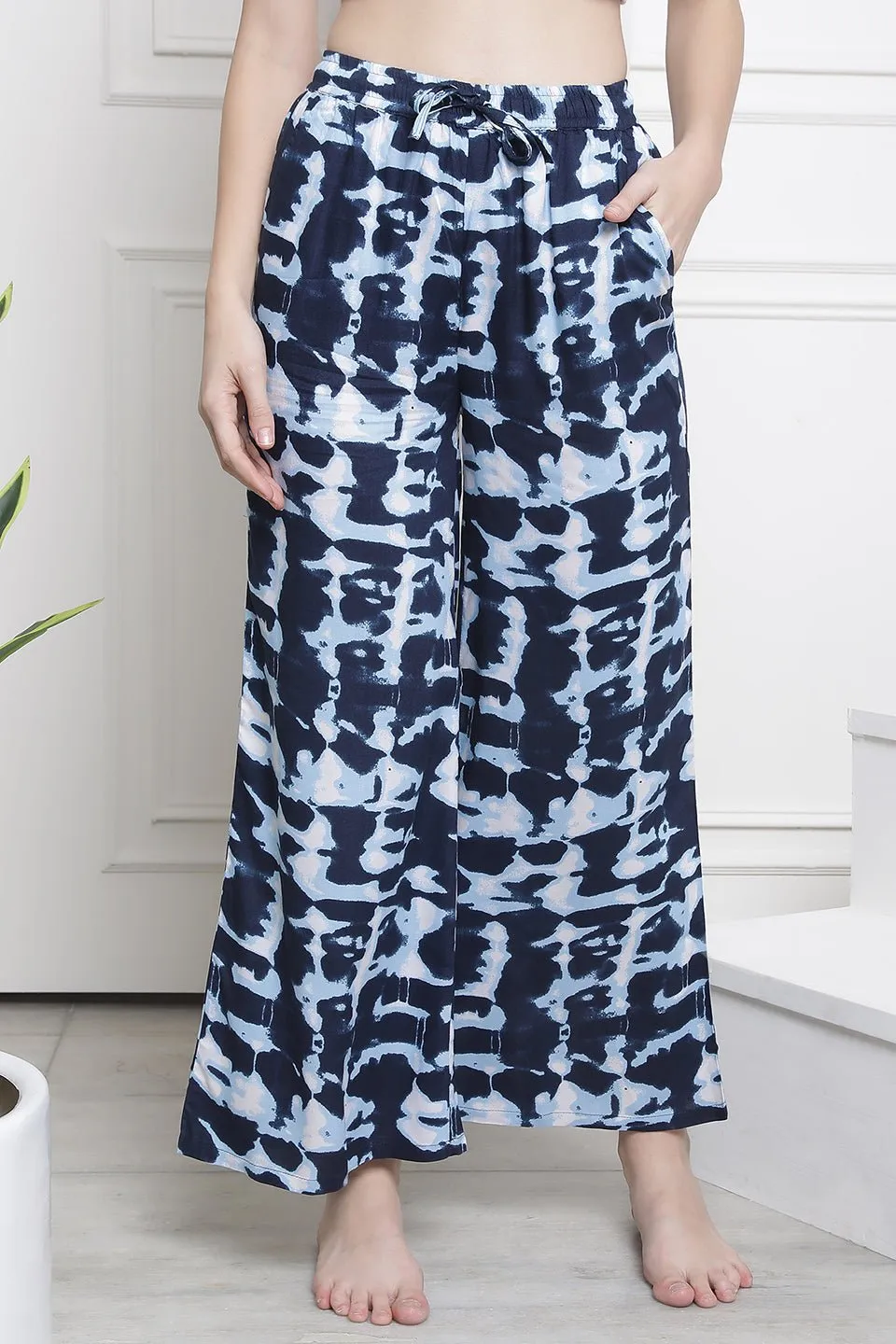 Navy Blue Flared  Printed Viscose Rayon Lounge Pants