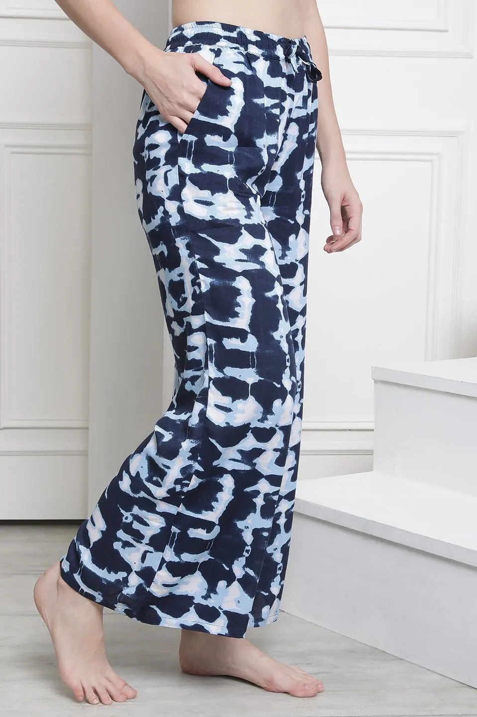 Navy Blue Flared  Printed Viscose Rayon Lounge Pants