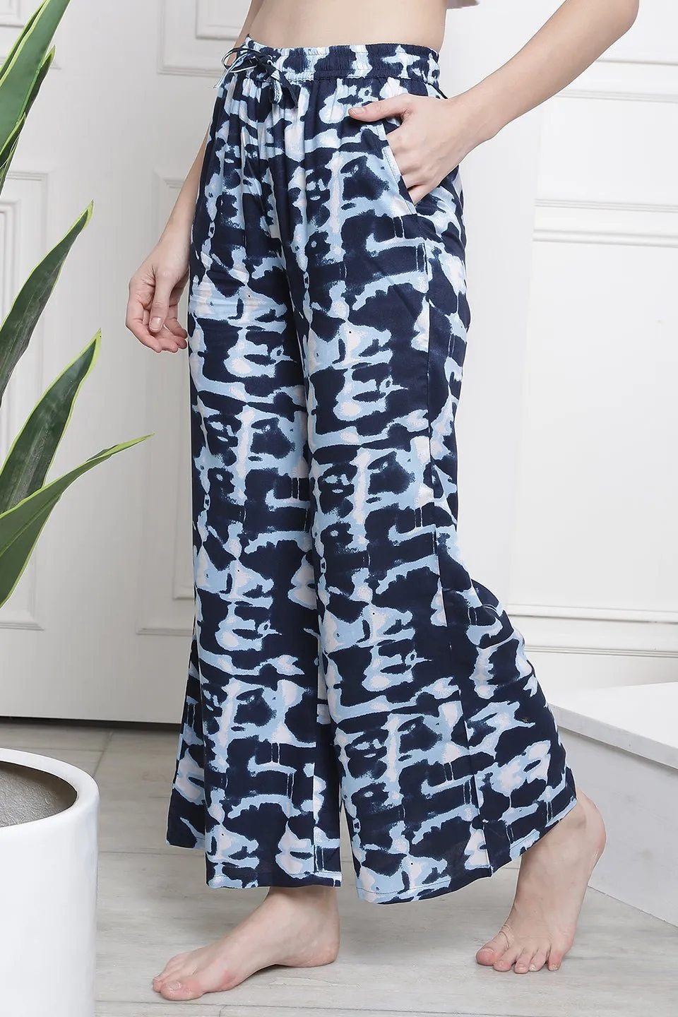 Navy Blue Flared  Printed Viscose Rayon Lounge Pants