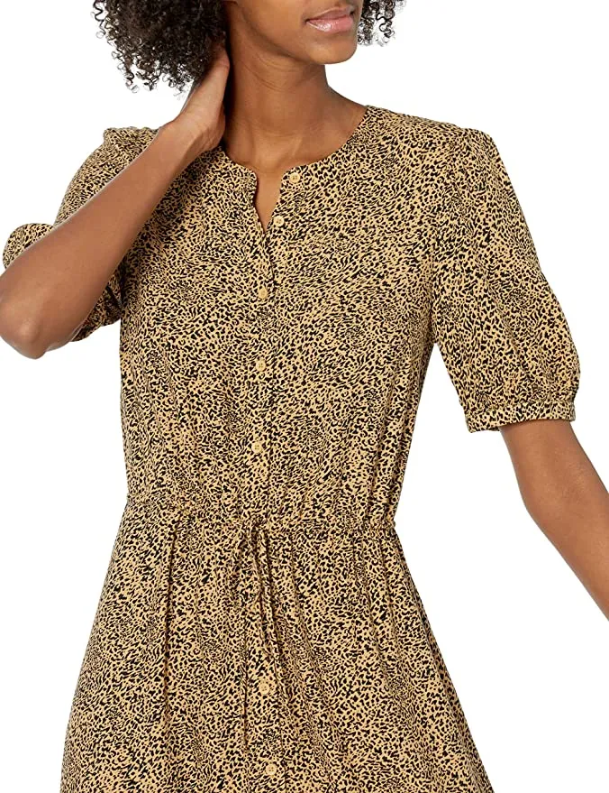 New Amazon Essentials Womens Feminine Half Sleeve Waisted Midi A-line Dress in Camel/Black, Animal print, Sz M!