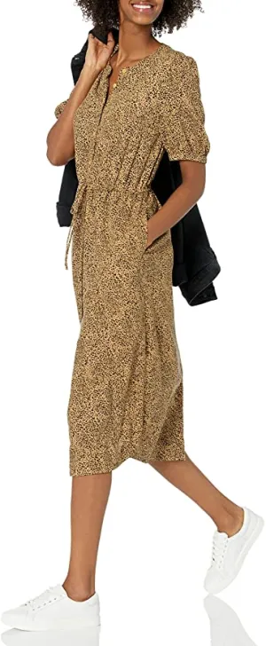 New Amazon Essentials Womens Feminine Half Sleeve Waisted Midi A-line Dress in Camel/Black, Animal print, Sz M!