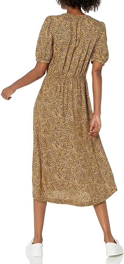 New Amazon Essentials Womens Feminine Half Sleeve Waisted Midi A-line Dress in Camel/Black, Animal print, Sz M!