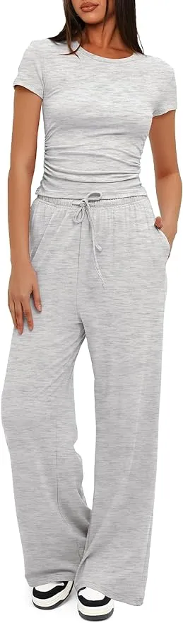 New Darong Women's 2 Piece Outfits Lounge Sets Ruched Short Sleeve Tops and High Waisted Wide Leg Pants Tracksuit Set in Camel Brown Fits Like a Sz S