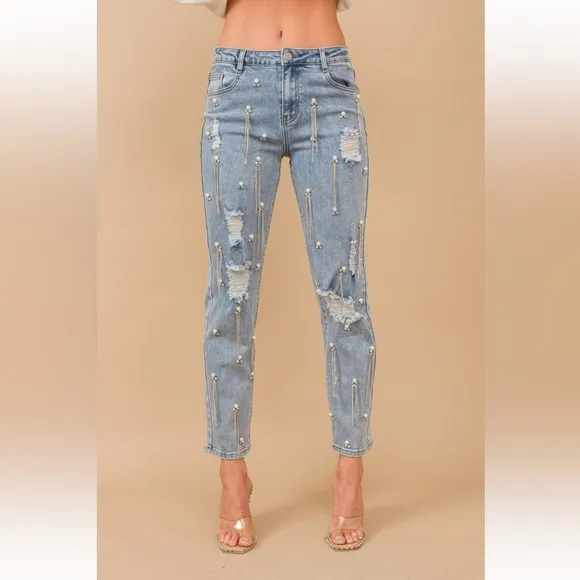 NEW HIGH WAISTED RHINESTONES FRINGE DENIM PANTS