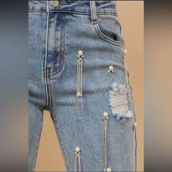 NEW HIGH WAISTED RHINESTONES FRINGE DENIM PANTS