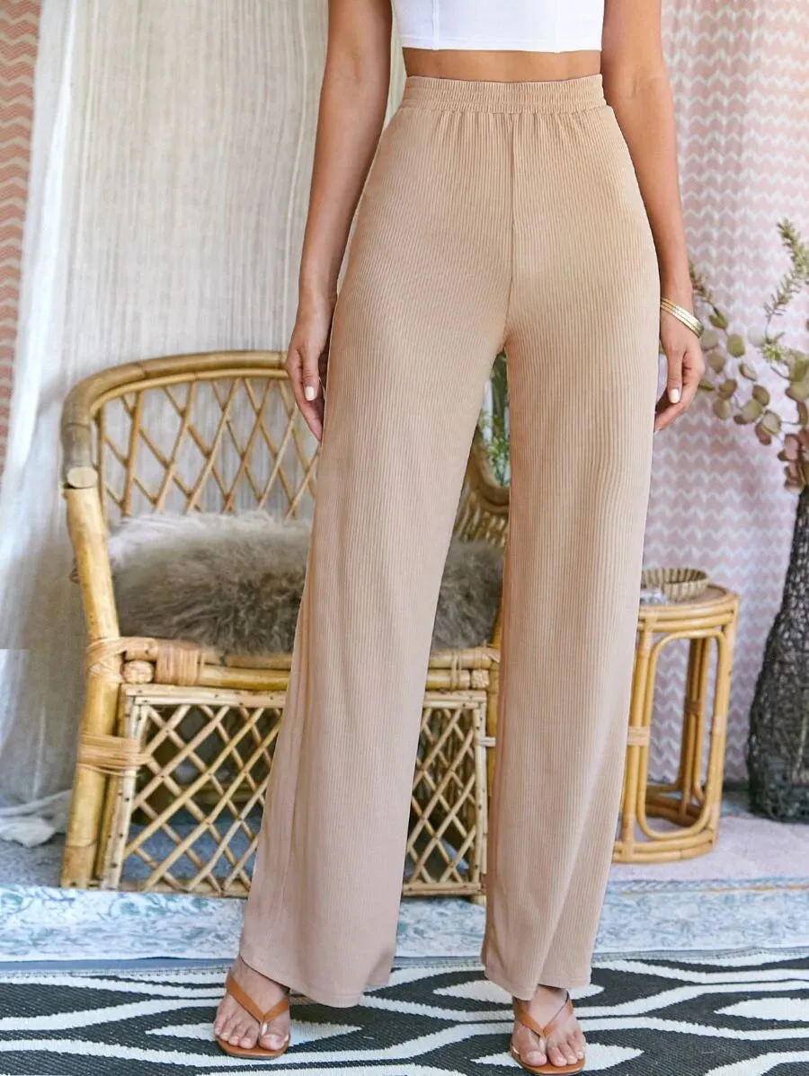 New SHEIN Elastic Waist Rib-knit Wide Leg Pants, Sz XS! Rated 4.77 out of 5 stars, "fits true, so lovely & cute & not see through"