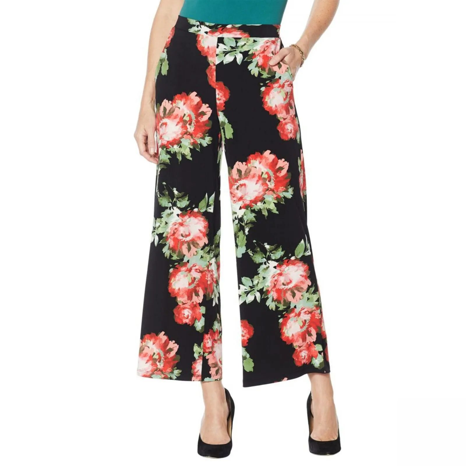 Nina Leonard Women's Printed Matte Jersey Palazzo Pants Black Multi Medium