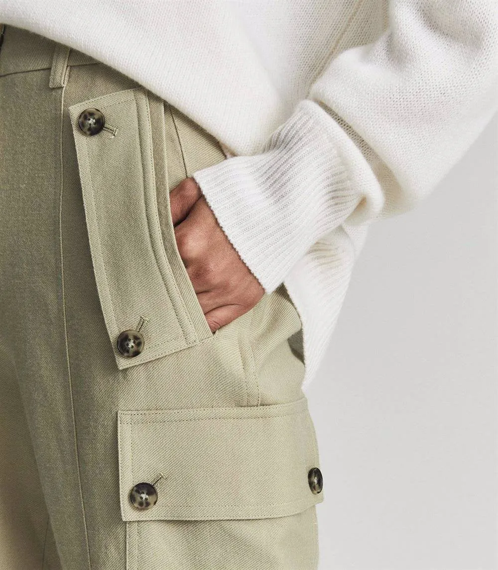 NWOT Reiss Women's Wool Blend Newlyn Cargo Pants - Khaki Tan Beige, Size 6