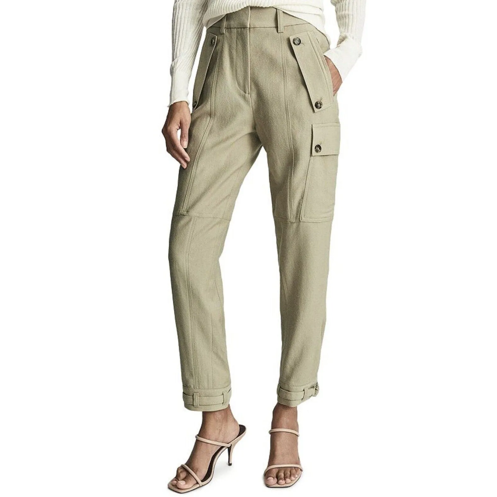 NWOT Reiss Women's Wool Blend Newlyn Cargo Pants - Khaki Tan Beige, Size 6