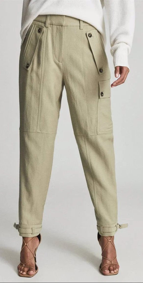 NWOT Reiss Women's Wool Blend Newlyn Cargo Pants - Khaki Tan Beige, Size 6