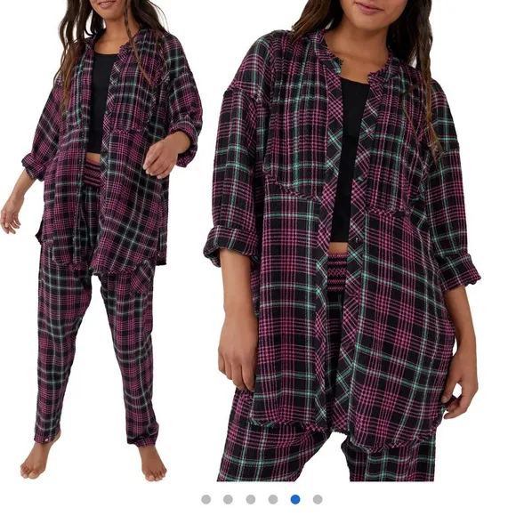 NWT Free People l Long Sleeve Button Down Plaid About You Sleep Shirt -XS