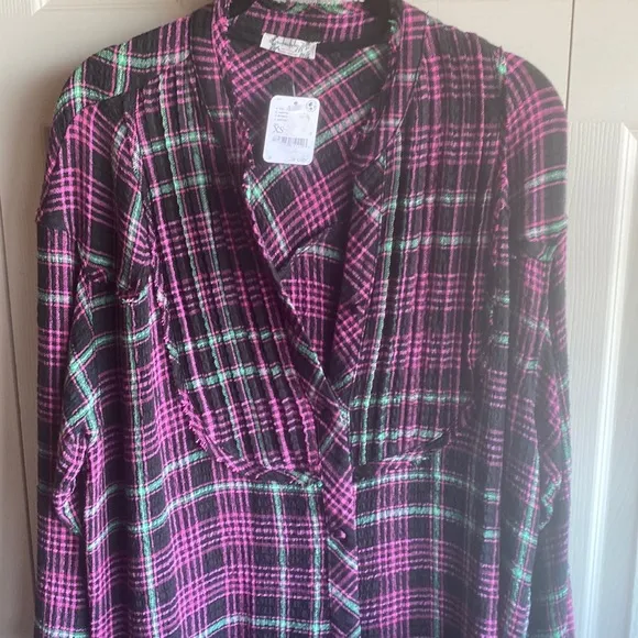 NWT Free People l Long Sleeve Button Down Plaid About You Sleep Shirt -XS