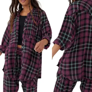 NWT Free People l Long Sleeve Button Down Plaid About You Sleep Shirt -XS