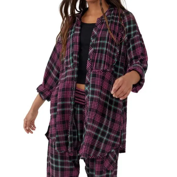 NWT Free People l Long Sleeve Button Down Plaid About You Sleep Shirt -XS