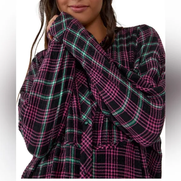 NWT Free People l Long Sleeve Button Down Plaid About You Sleep Shirt -XS