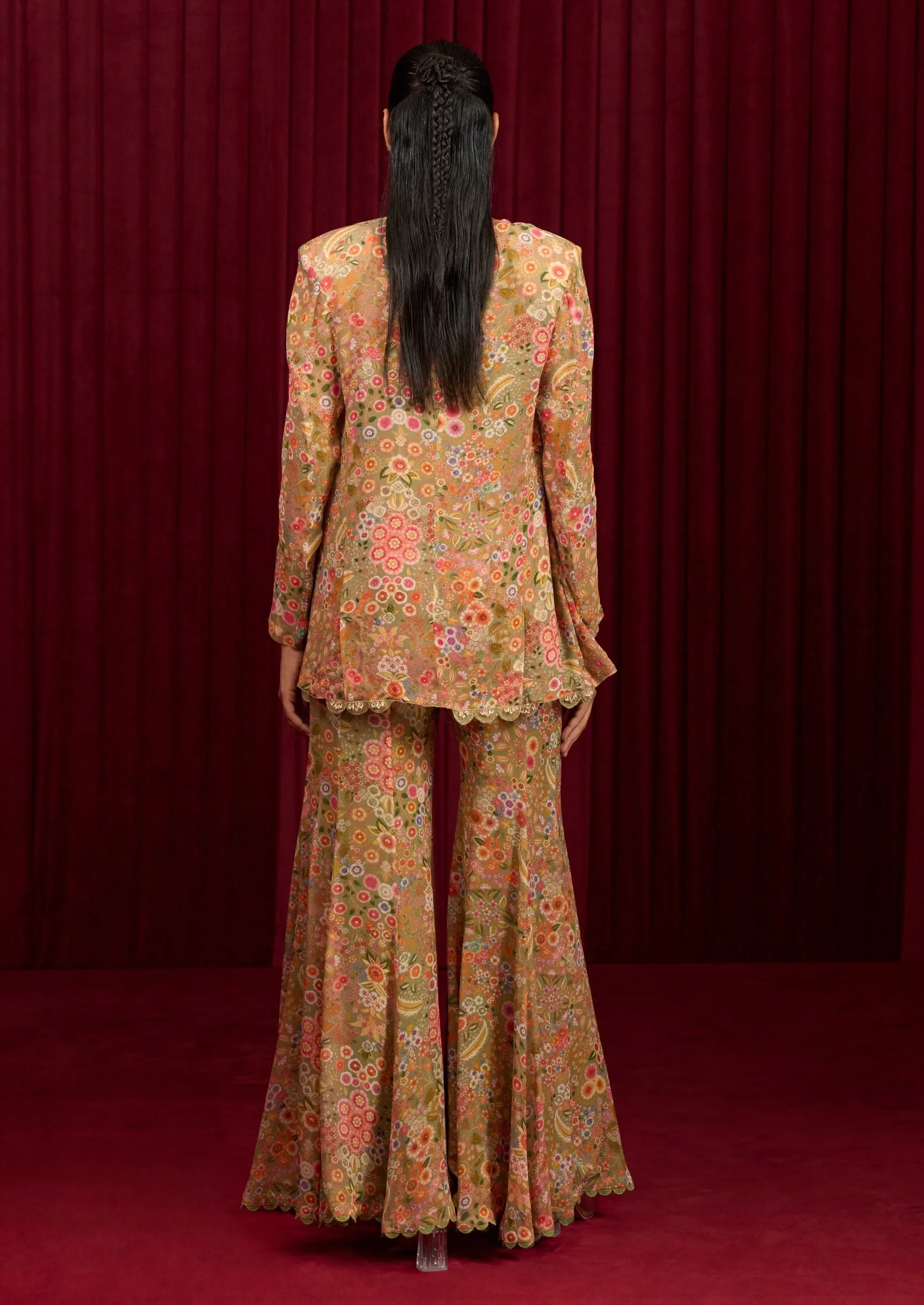 Olive green printed jacket and flared pant set