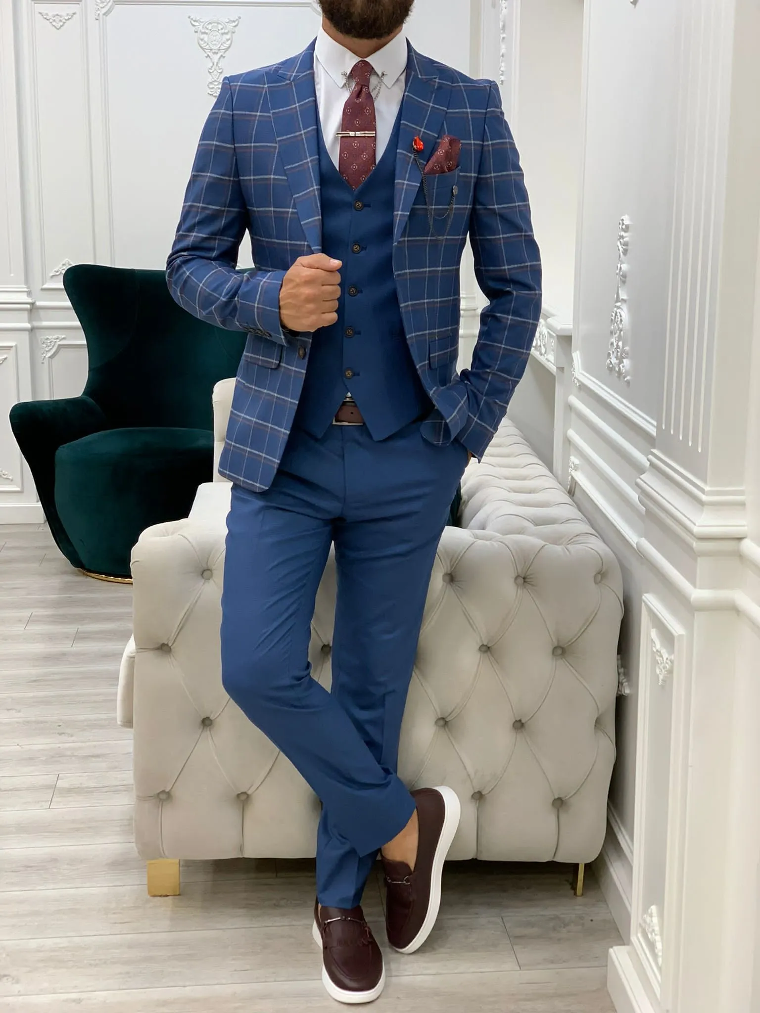 Olympia Blue Slim Fit Peak Lapel Plaid Suit for Any Occasion