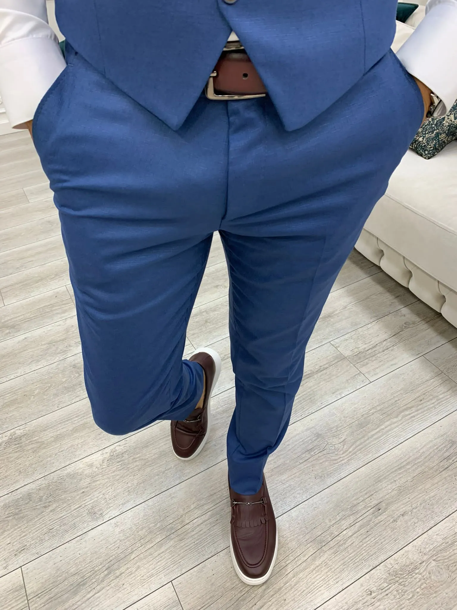 Olympia Blue Slim Fit Peak Lapel Plaid Suit for Any Occasion