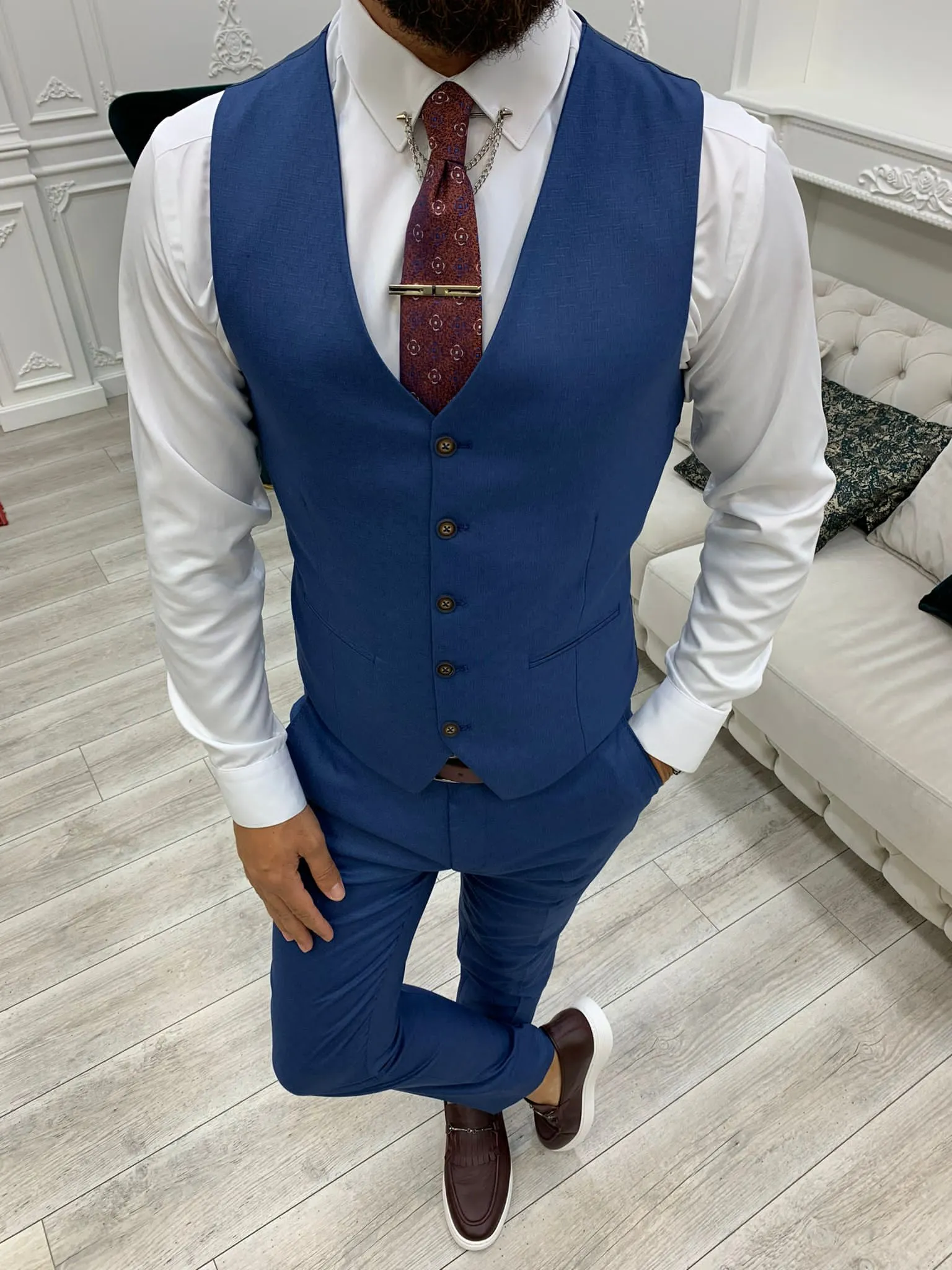 Olympia Blue Slim Fit Peak Lapel Plaid Suit for Any Occasion