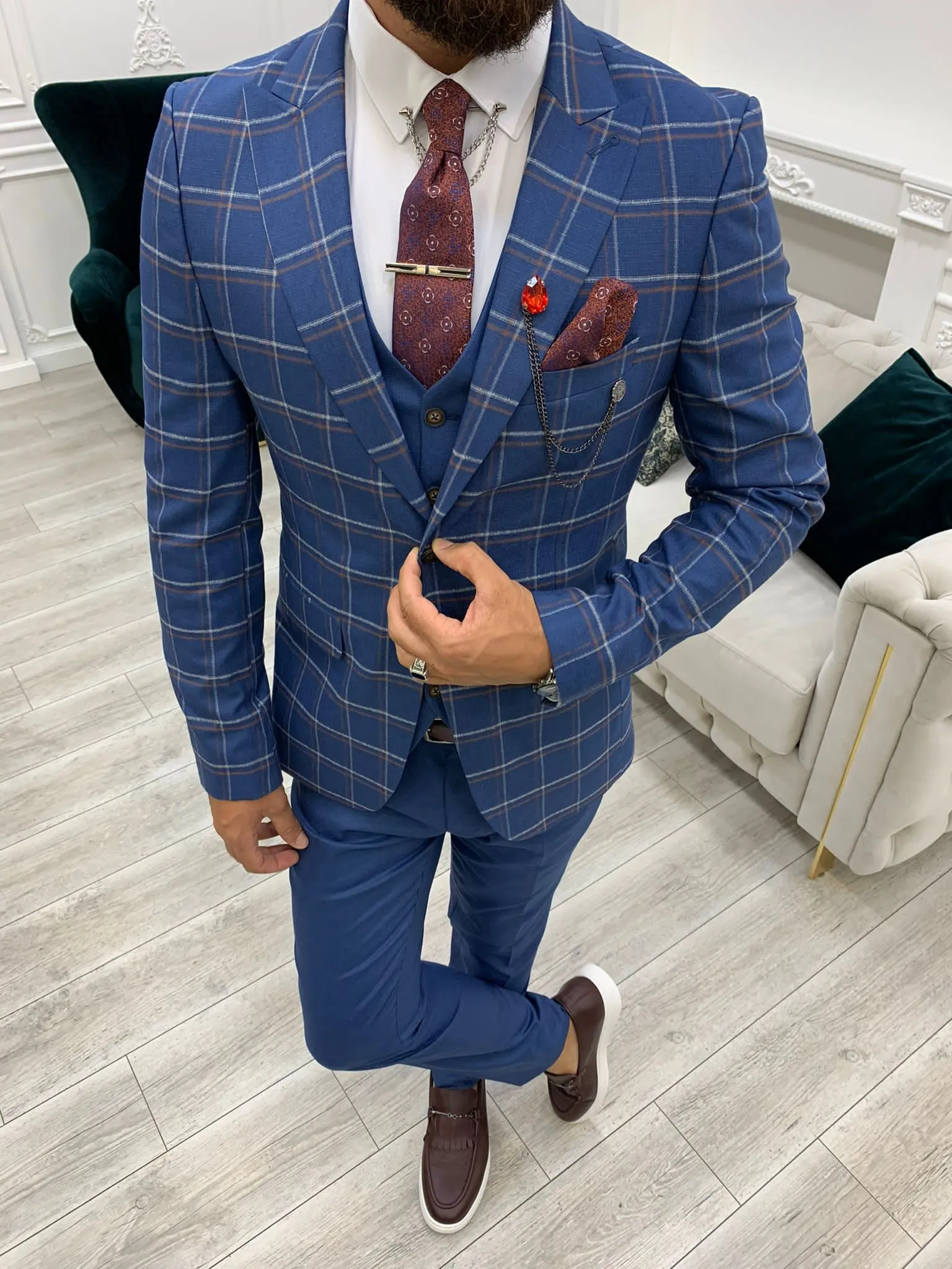 Olympia Blue Slim Fit Peak Lapel Plaid Suit for Any Occasion
