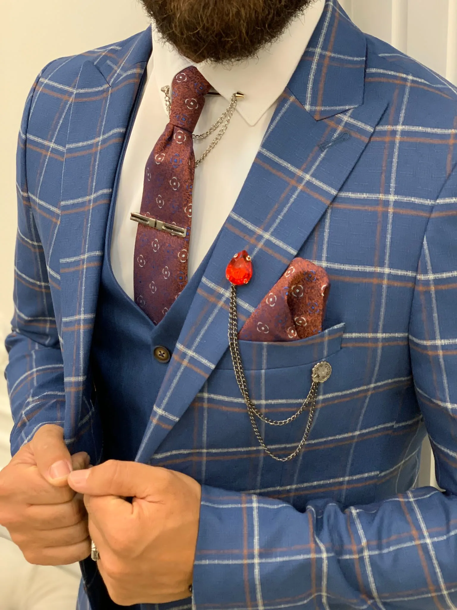 Olympia Blue Slim Fit Peak Lapel Plaid Suit for Any Occasion