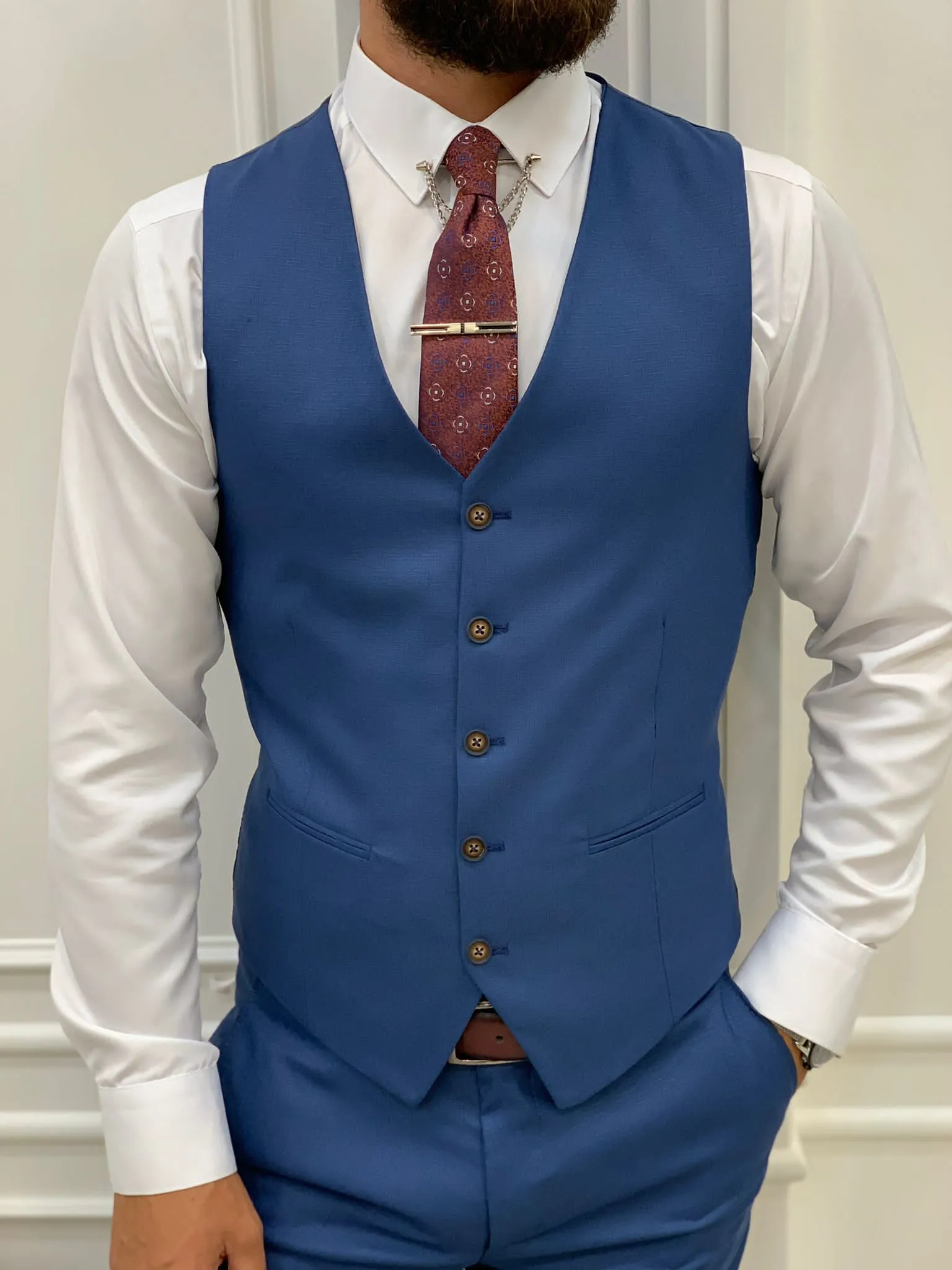 Olympia Blue Slim Fit Peak Lapel Plaid Suit for Any Occasion