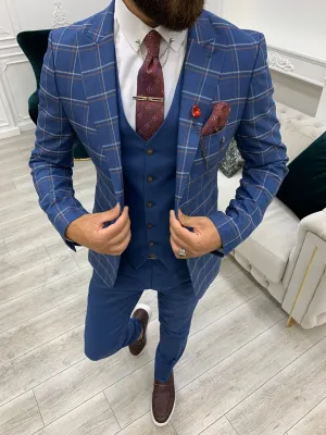 Olympia Blue Slim Fit Peak Lapel Plaid Suit for Any Occasion