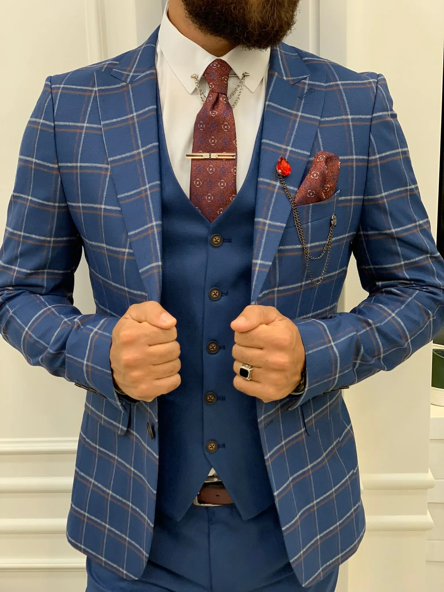 Olympia Blue Slim Fit Peak Lapel Plaid Suit for Any Occasion