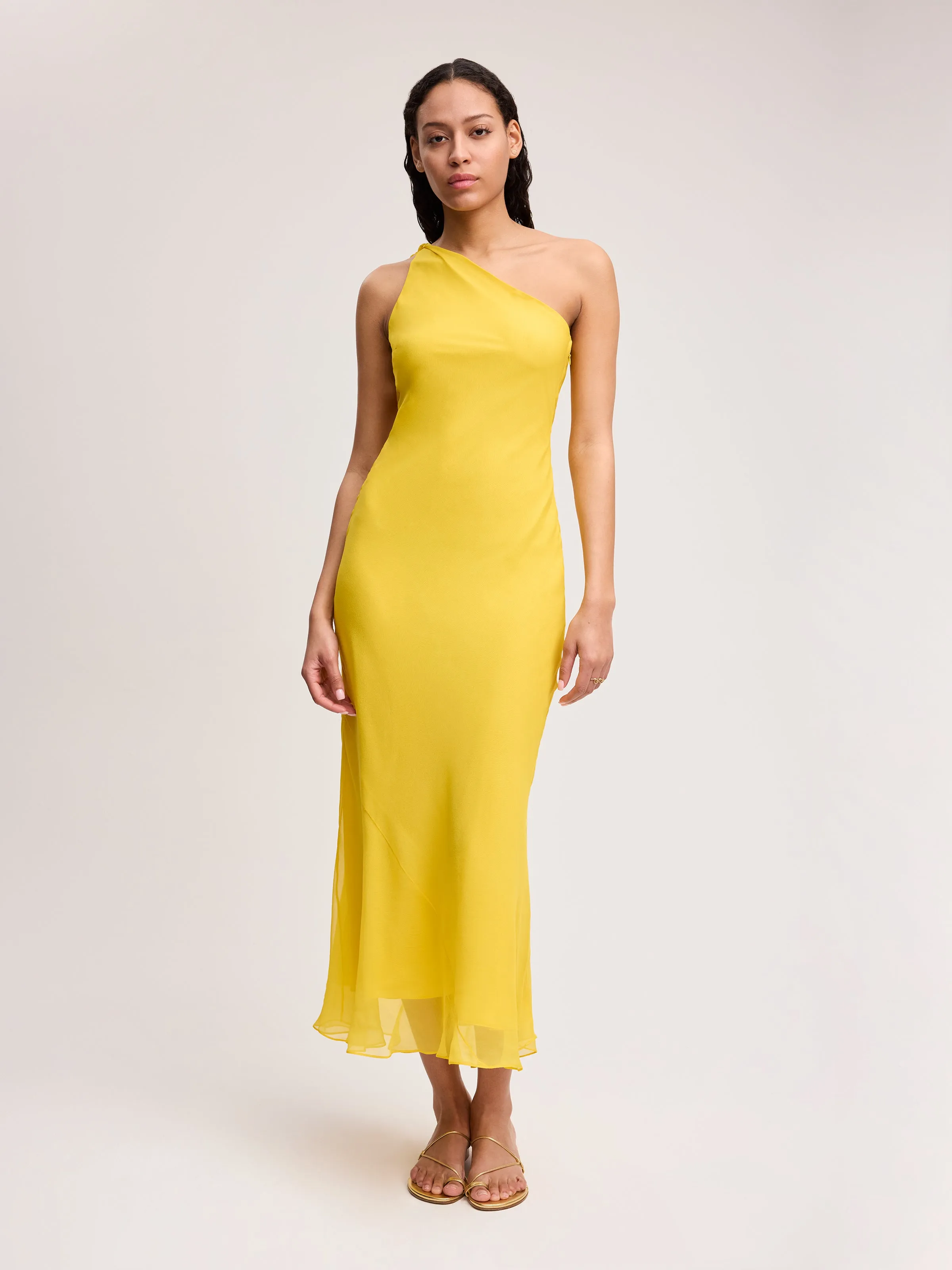One Shoulder Midi Dress in Yellow