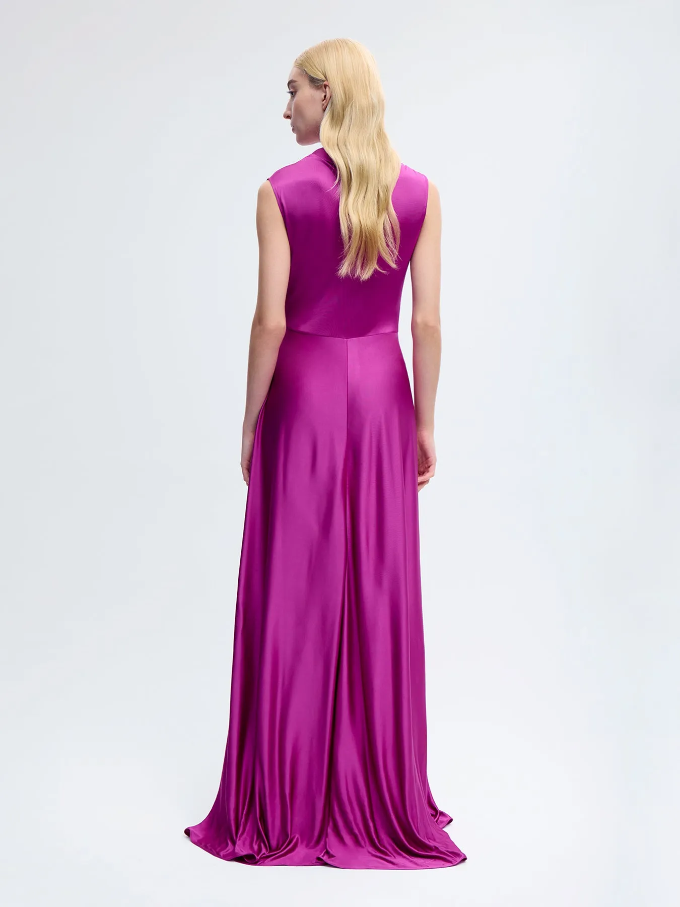 One Shoulder Silk Gown in Fuchsia