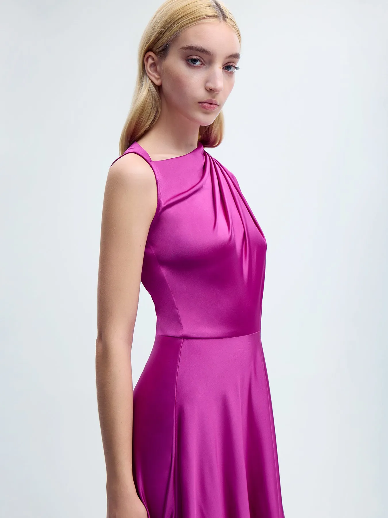 One Shoulder Silk Gown in Fuchsia