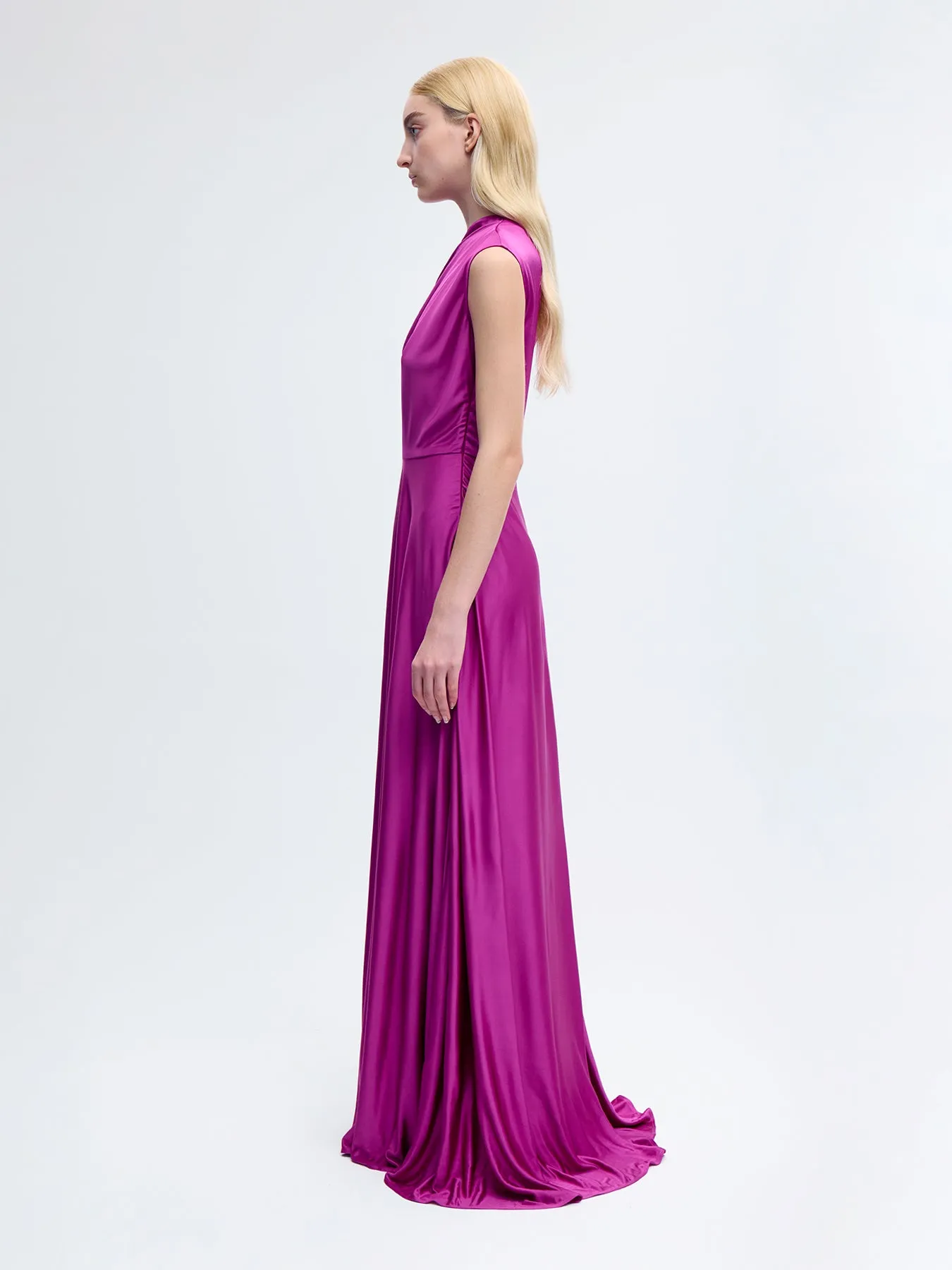 One Shoulder Silk Gown in Fuchsia