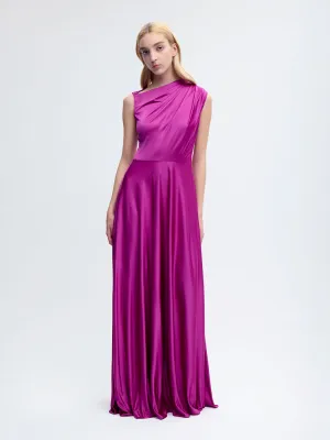 One Shoulder Silk Gown in Fuchsia