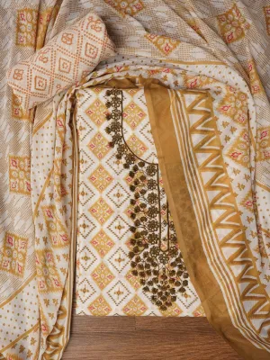 Orange Unstitched Cotton Bandhani Printed Dress Material With Dupatta