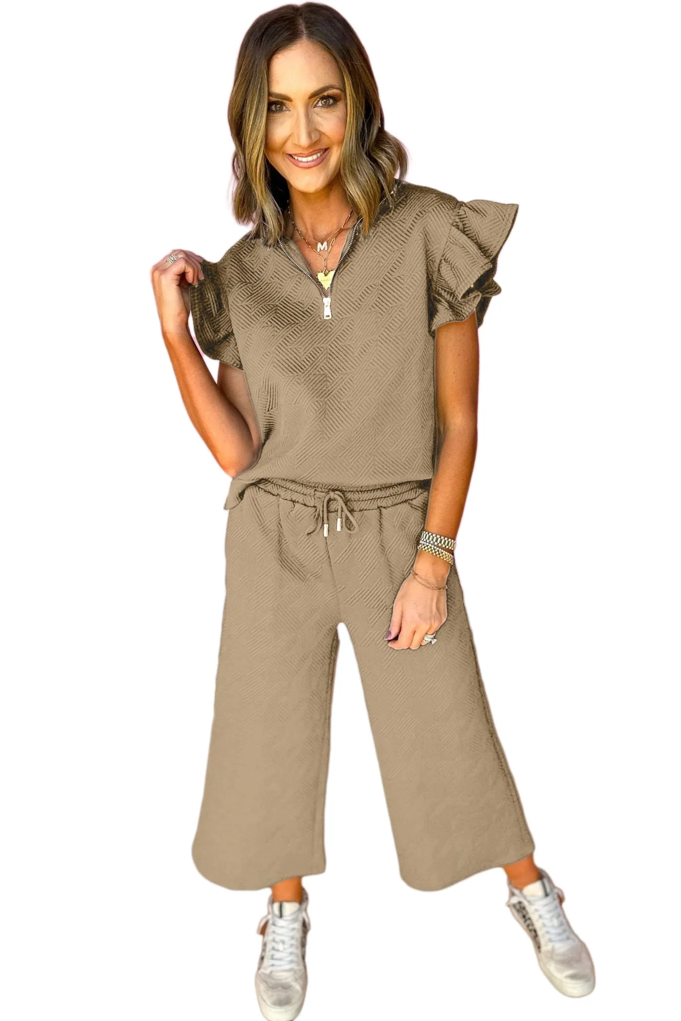Pale Khaki Textured Ruffled Cap Sleeve Top Wide Leg Pants Set